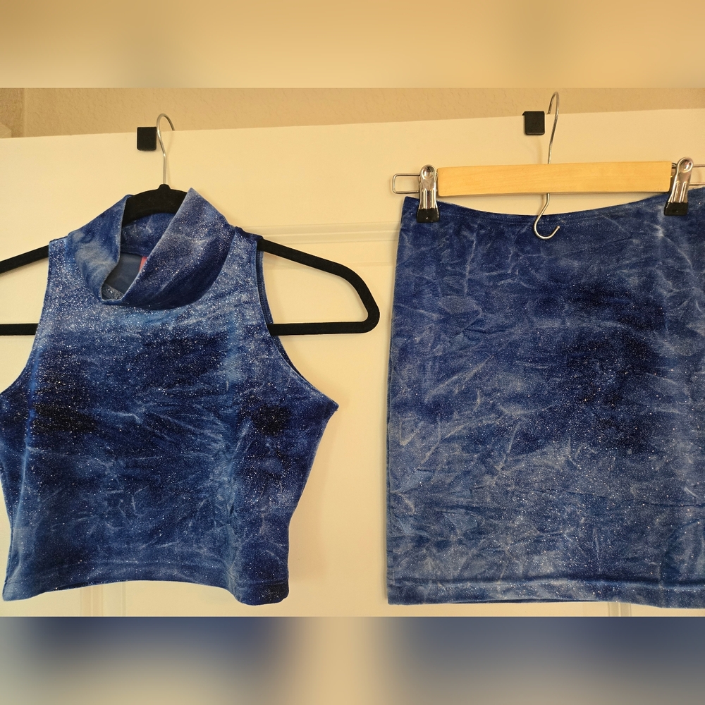 American Apparel Blue Velvet Sparkly Y2K Set Mini Skirt Crop Top Festival Rave - Picture 2 of 10